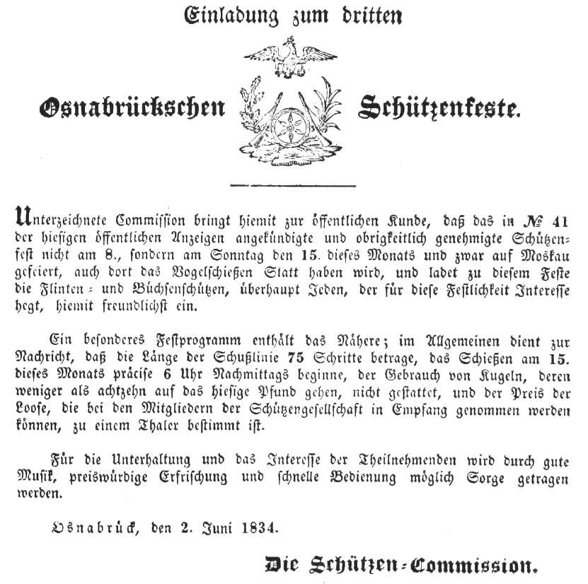 Historische Anzeige zum dritten Osnabrücker Schützenfest aus den Osnabrückischen Öffentlichen Anzeigen 1834