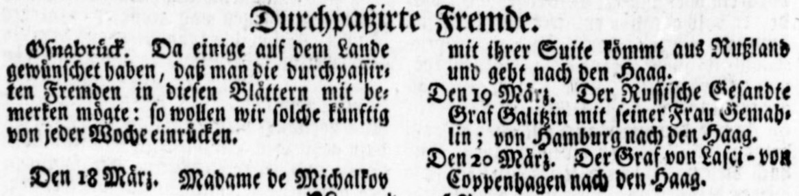 Zeitungsausschnitt in Frakturschrift: die Rubrik „Durchpaßirte Fremde“ aus den Wöchentlichen Osnabrückischen Anzeigen vom 24. März 1770