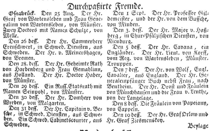 Zeitungsausschnitt in Frakturschrift: Rubrik „Durchpaßirte Fremde“ mit Reisenden vom 25. August bis 10. September 1780
