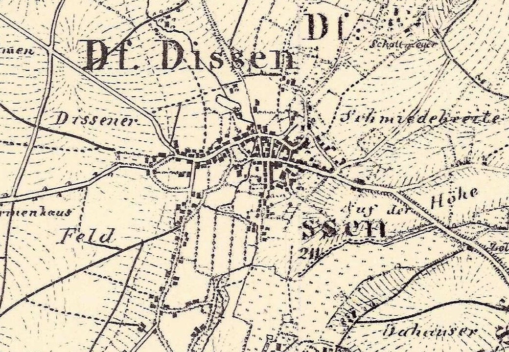 Historische Karte von Dissen aus der Gaußschen Landesaufnahme 1846/47, zusammengesetzt aus Blatt 57 und Blatt 58