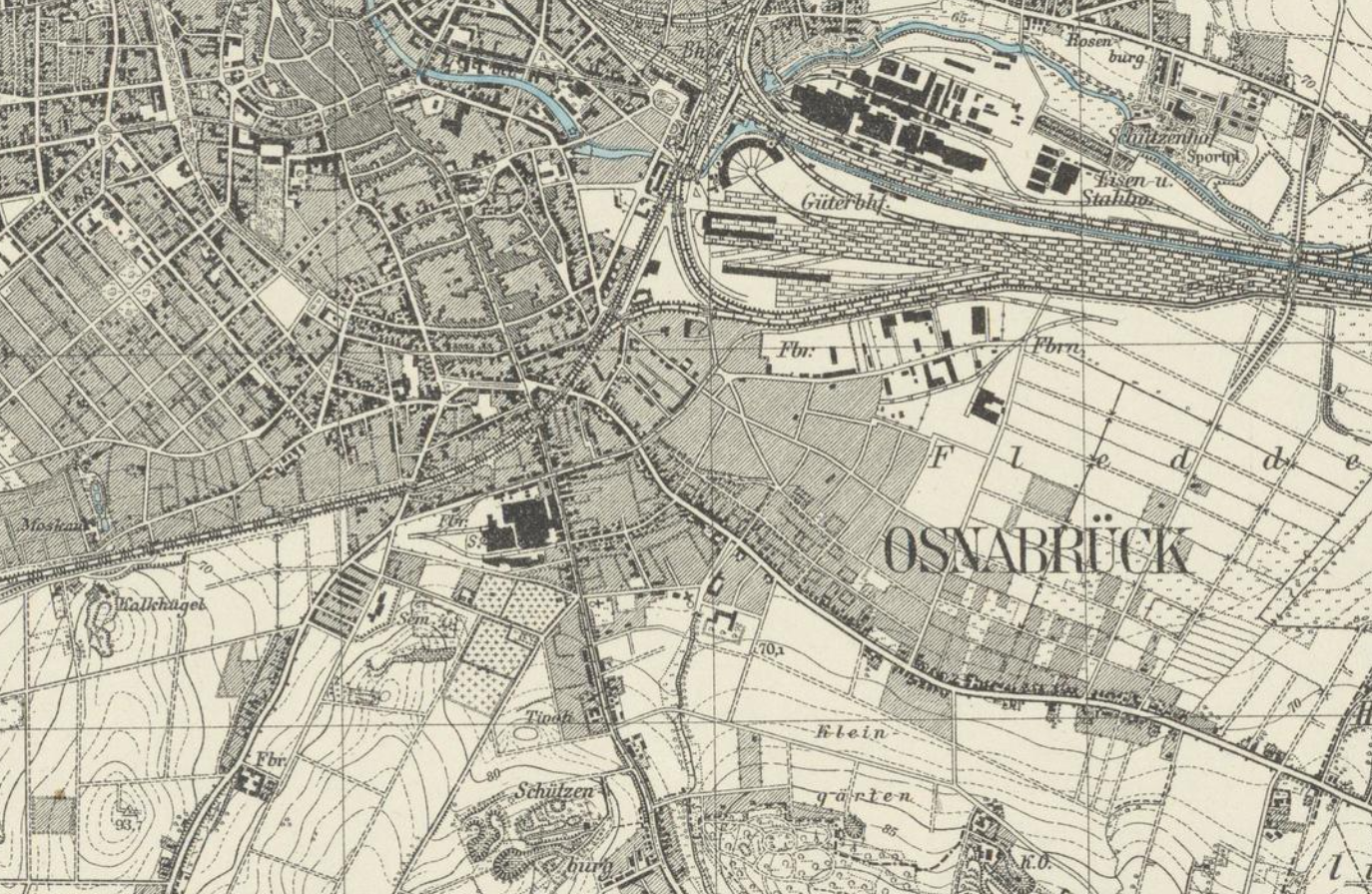 Lage des alten Schützenplatzes auf Moskau, der Schützenburg und der Schützenhof in Schinkel (Crispinsburg) auf der Karte von Osnabrück (Hrsg. 1897, Nachtr. 1926). Maßstab 1:25000. Quelle: Meßtischblatt 2011 : Osnabrück, 1934. https://www.deutschefotothek.de/documents/obj/71053686 © SLUB Dresden / Deutsche Fotothek. Mit freundlicher Genehmigung.