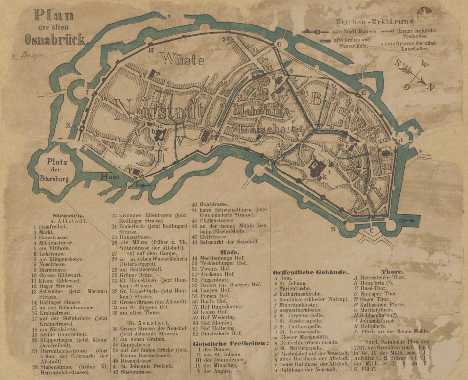 Historischer Plan des alten Osnabrück mit Stadtmauer, Gräben, Straßen und den Stadttoren, Legende mit den Toren A bis L