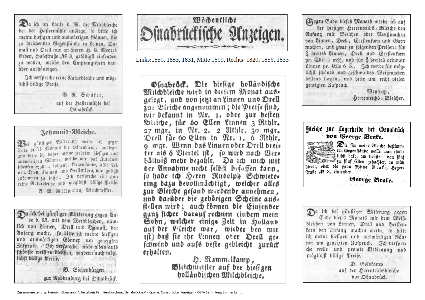Collage historischer Bleicher-Anzeigen aus den Osnabrückischen Anzeigen, 1804–1856