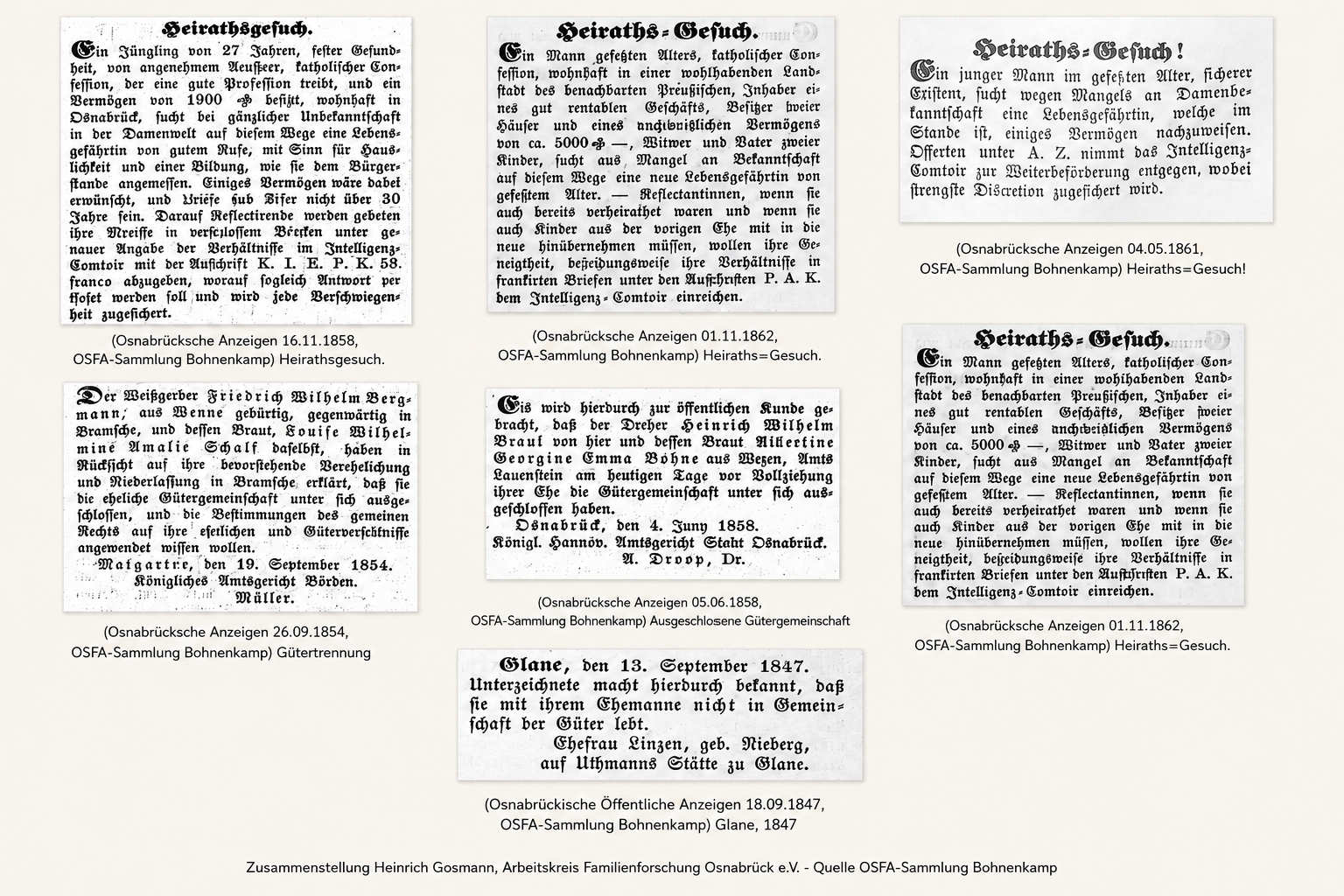 Collage historischer Zeitungsanzeigen und Bekanntmachungen zur Ehe aus den Osnabrückischen Anzeigen