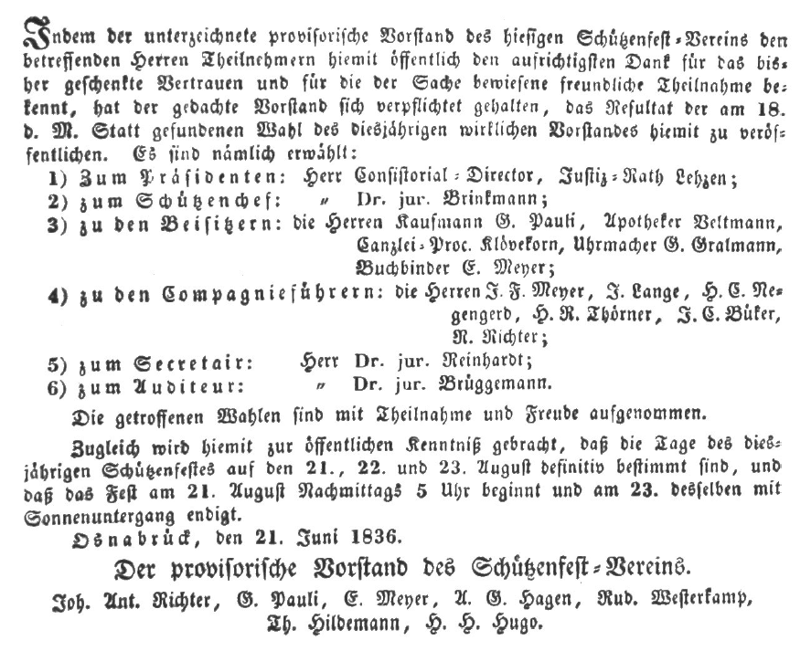 Historische Anzeige zum Osnabrücker Schützenfest von 1836. Osnabrückische Oeffentlichen Anzeigen vom 29. Juni 1836