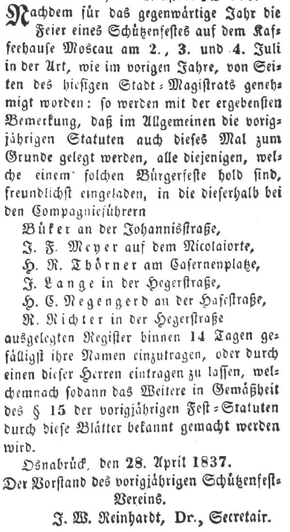 Historische Anzeige zum Osnabrücker Schützenfest von 1837. Osnabrückische Oeffentlichen Anzeigen vom 3. Mai 1837